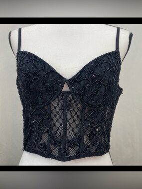 Dyspnea P***y Posse Black Lace Beaded Boned Lace Bustier Corset Top size 10